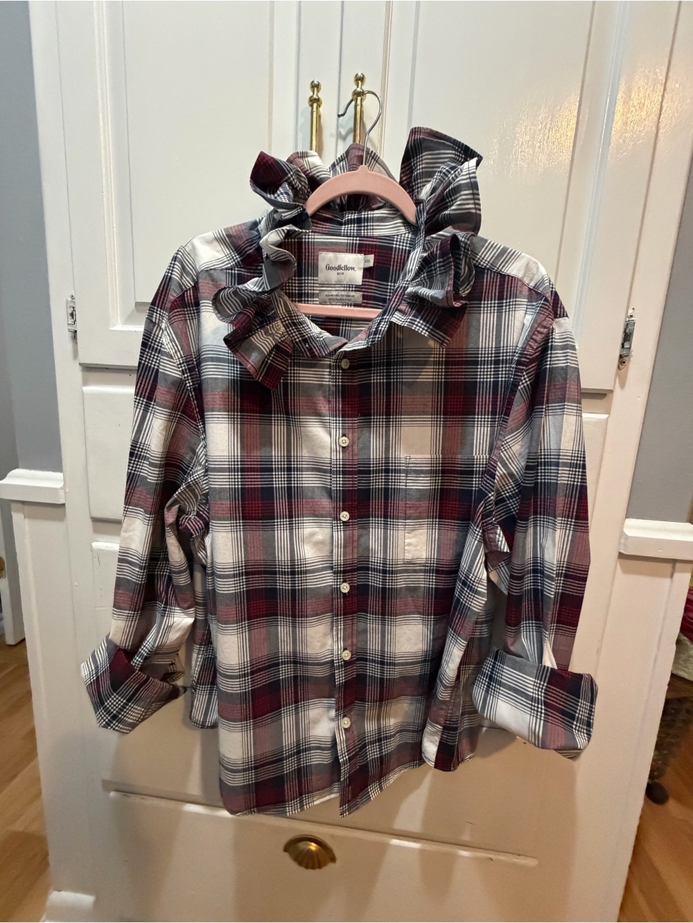 Ladies red, blue, white upcycled  Plaid Long Sleeve Button-Up Shirt  size 3XL